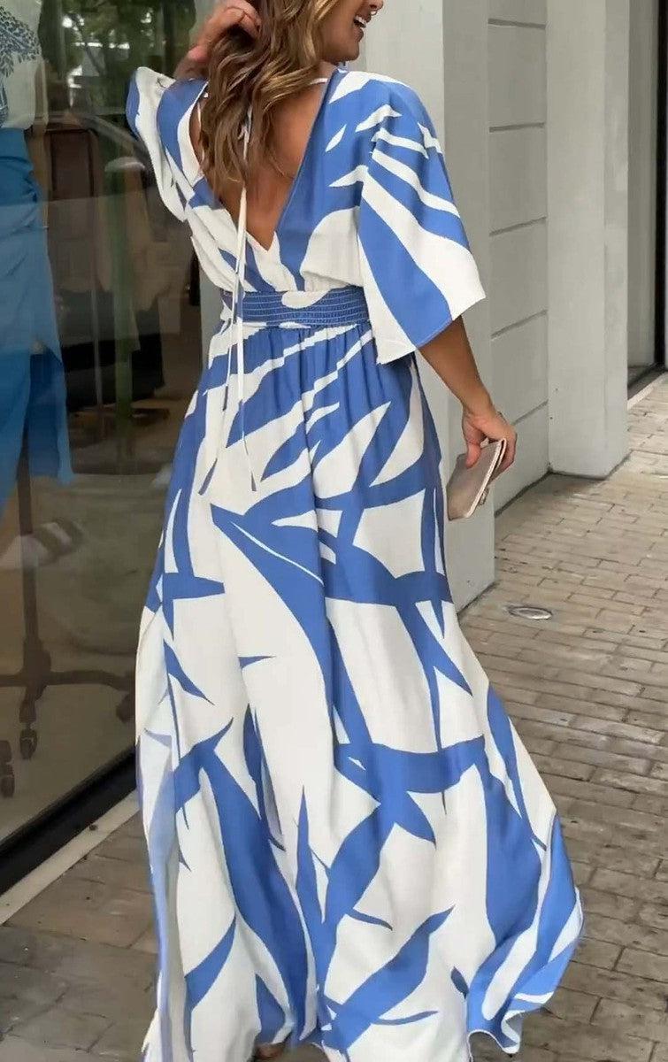 Blue Print 3/4 Sleeve Maxi Dress