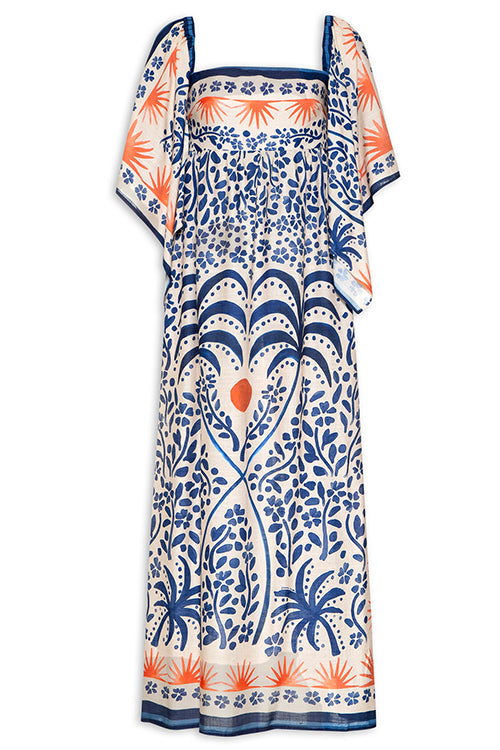 Margovil Square Collar Flutter Sleeves Printed Maxi Vacation Dress