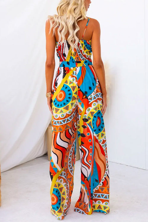 (SOLD OUT) Spaghetti Strap Cut Out Wide Leg Printed Jumpsuit