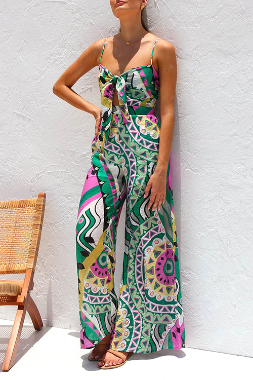 (SOLD OUT) Spaghetti Strap Cut Out Wide Leg Printed Jumpsuit