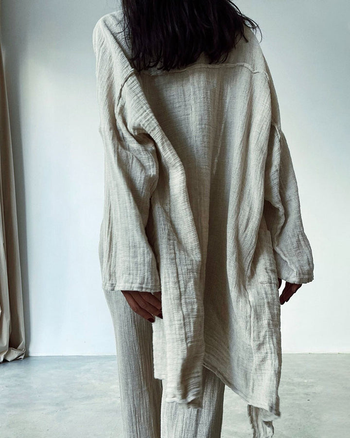 Cotton and linen long cardigan two-piece set
