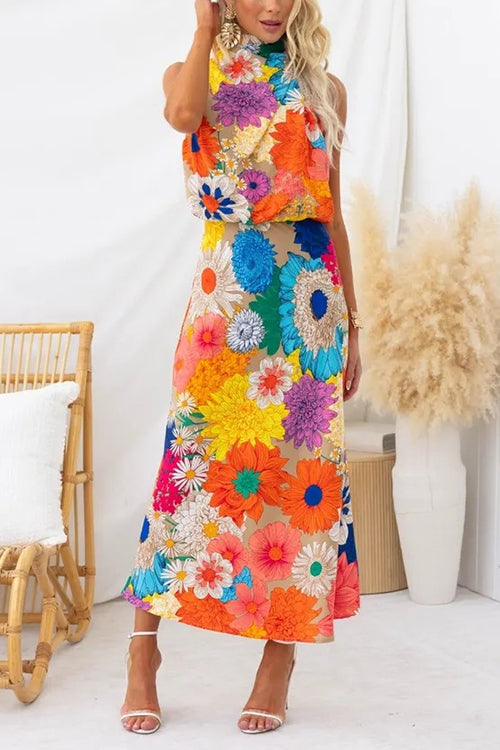 Margovil Sleeveless Tie Neck Waisted Floral Print Maxi Dress