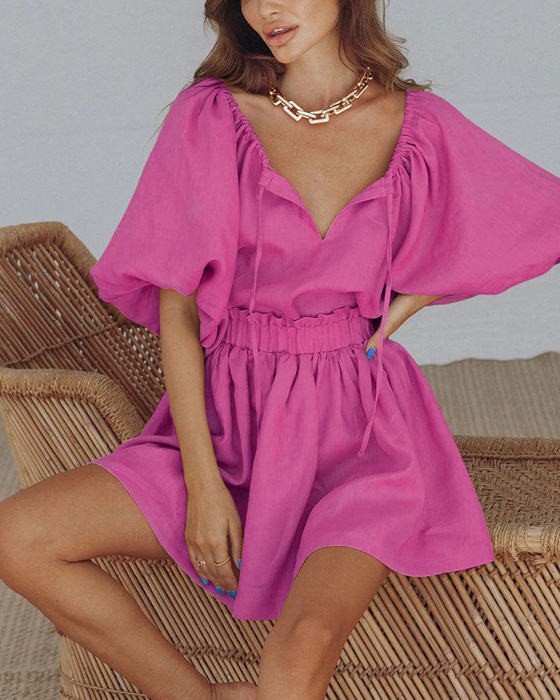 Pink cotton and linen puff sleeve short skirt two-piece set