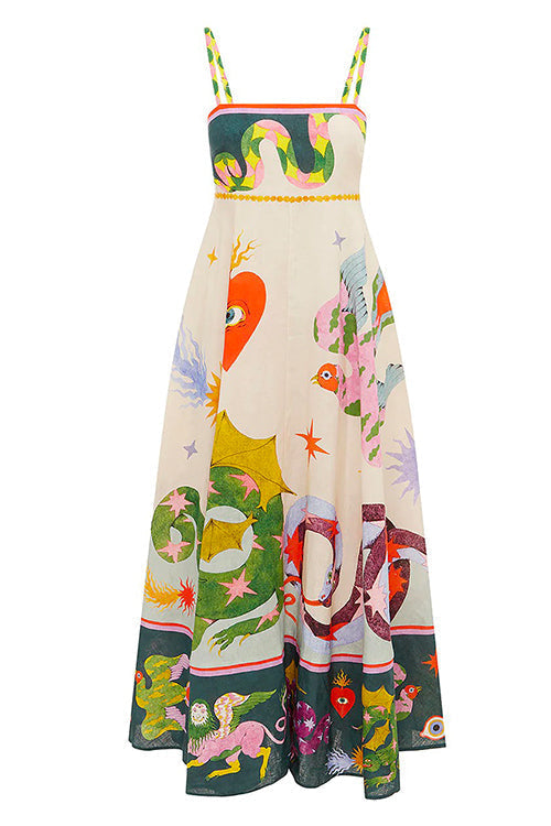 Margovil High Waist Cartoon Printed Swing Maxi Cami Dress