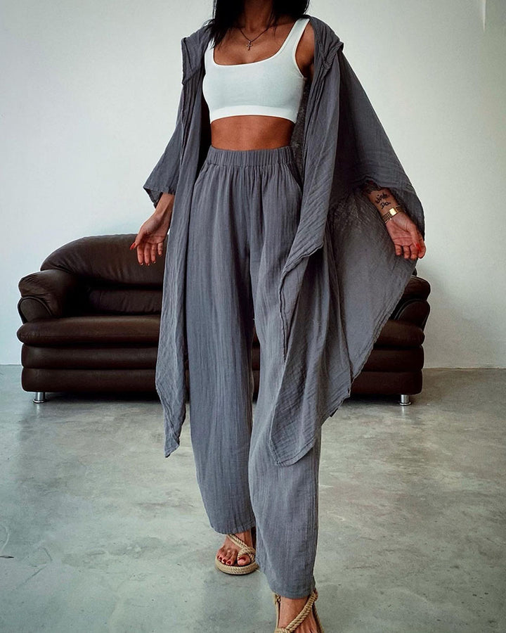 Chic hooded cardigan cotton and linen two-piece set