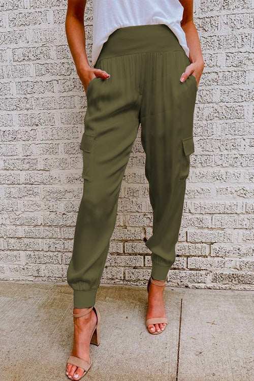 Margovil Fashion Style High Waist Satin Pants with Pockets