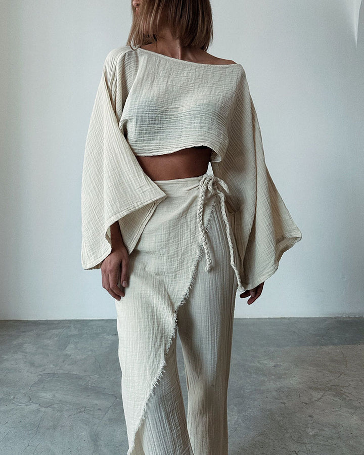 Woven lace-up cotton and linen two-piece set