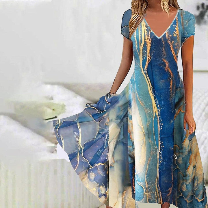 Blue Short Sleeve Print Midi Dress