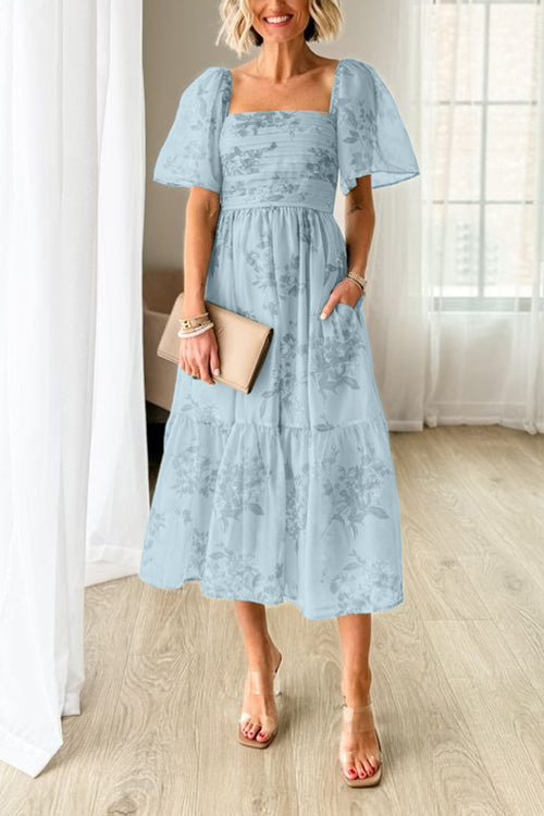 3 Colors Square Neck Short Sleeve Ruched Floral Midi Dress