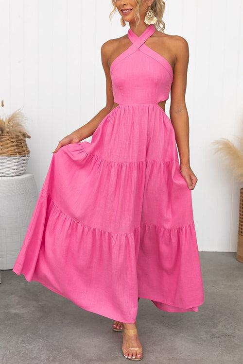 Halter-neck Open Back Tiered Maxi Vacation Dress