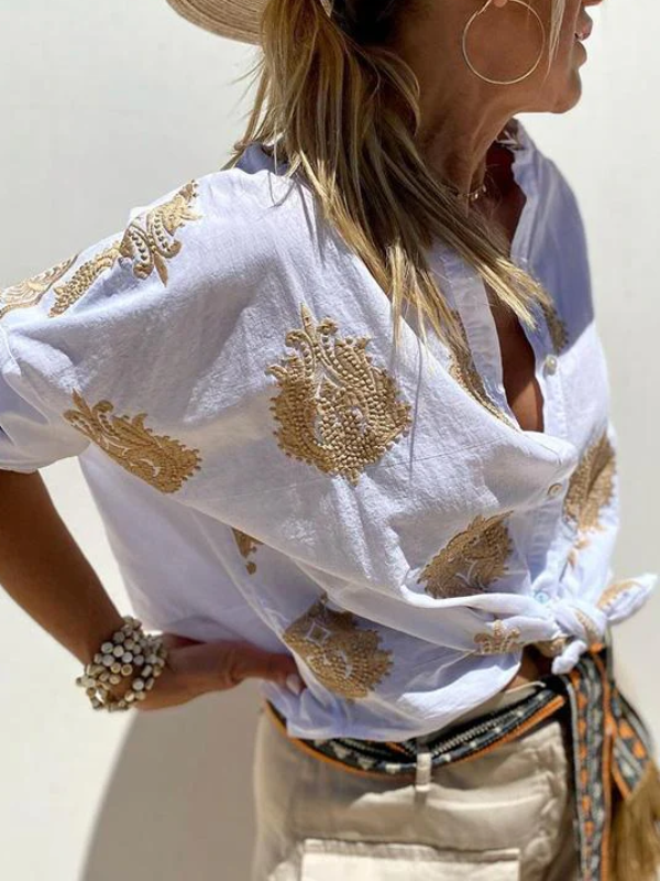 Casual embroidered cotton and linen shirt top