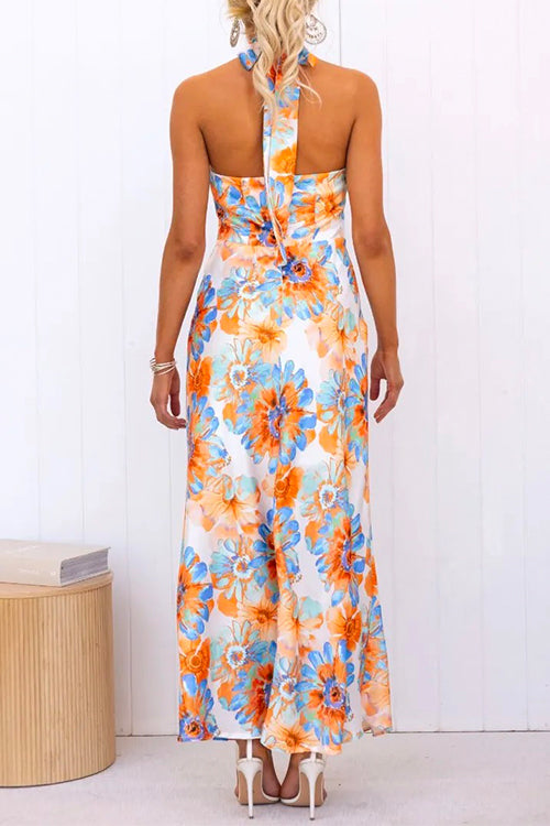 Tie Knot Halter Backless Floral Printed Maxi Holiday Dress