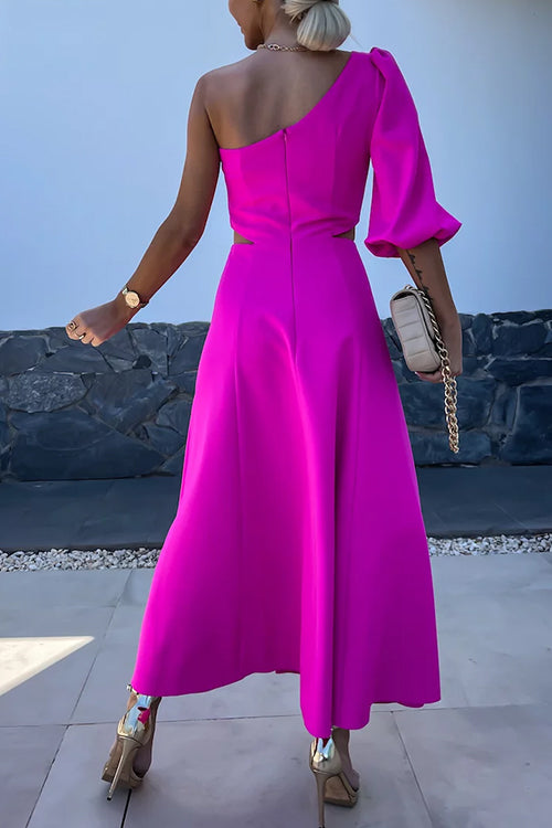 Margovil 3D Rose One Shoulder Cut Out Waist Slit Midi Satin Dress