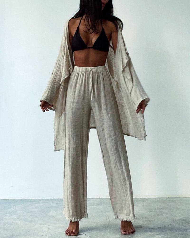Cotton and linen long cardigan two-piece set