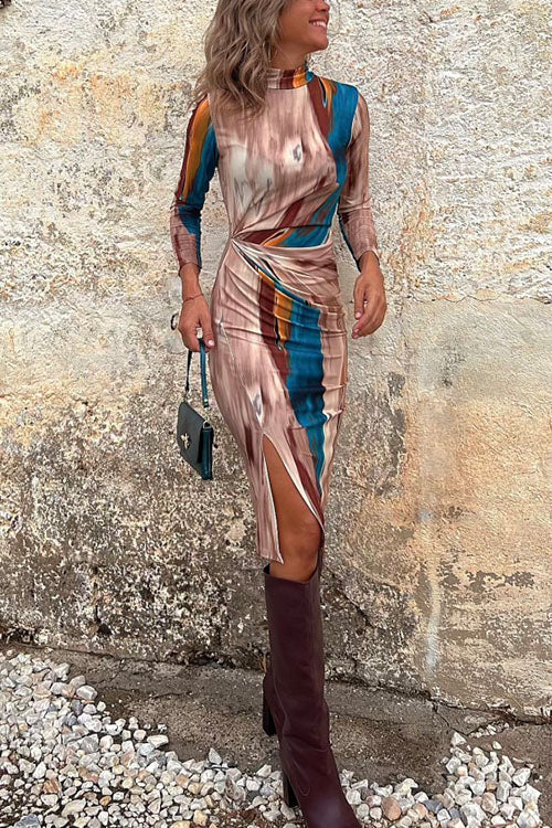 Margovil Mockneck Long Sleeve Slit Printed Bodycon Dress