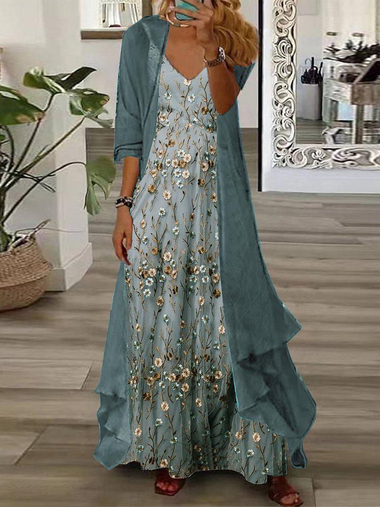 Youthful Ditsy Floral Print Maxi Dress With Thin Jacket Two Piece Outfits