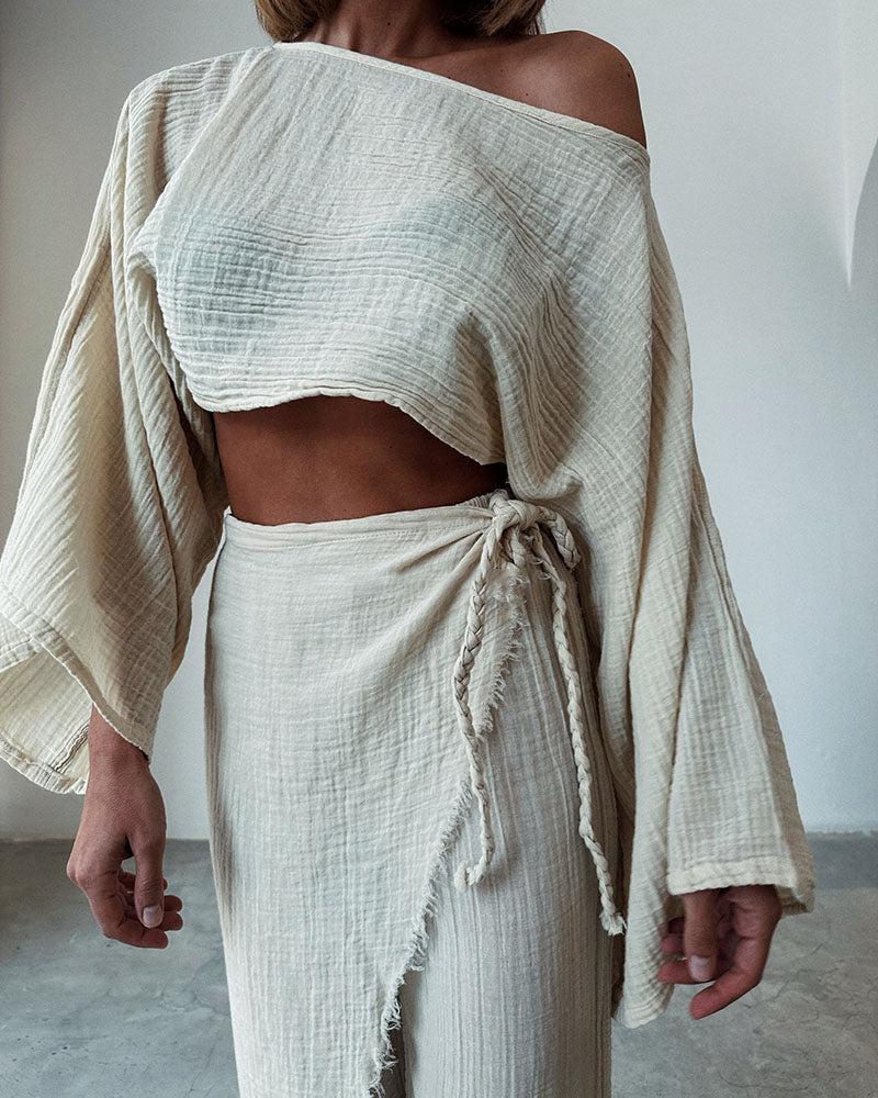Woven lace-up cotton and linen two-piece set