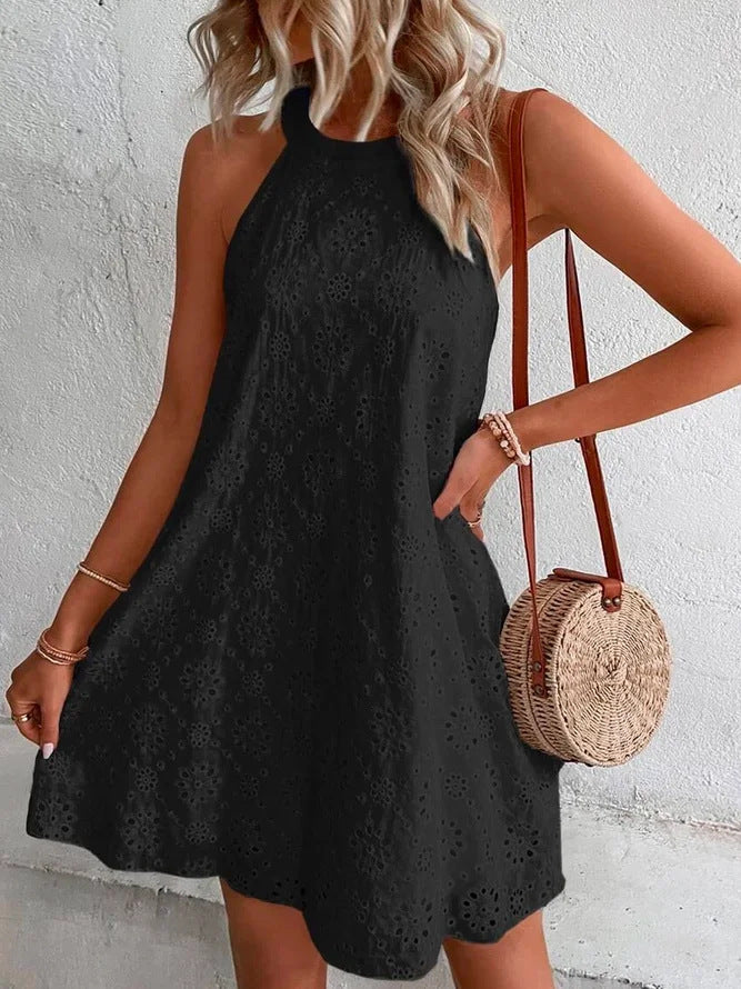 Cotton Embroideried Hollow Out Mini Dress