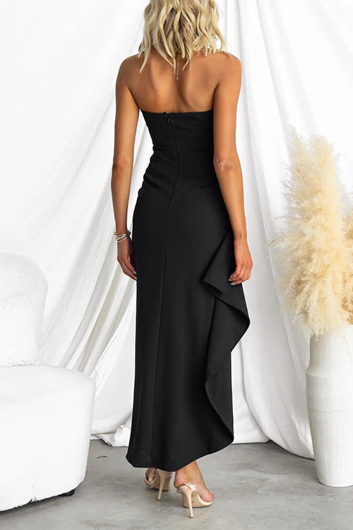 Elegant Strapless Ruched Slit Maxi Dress