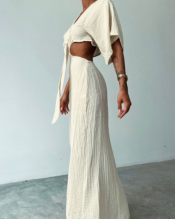 Lace-up exposed waist cotton and linen dress