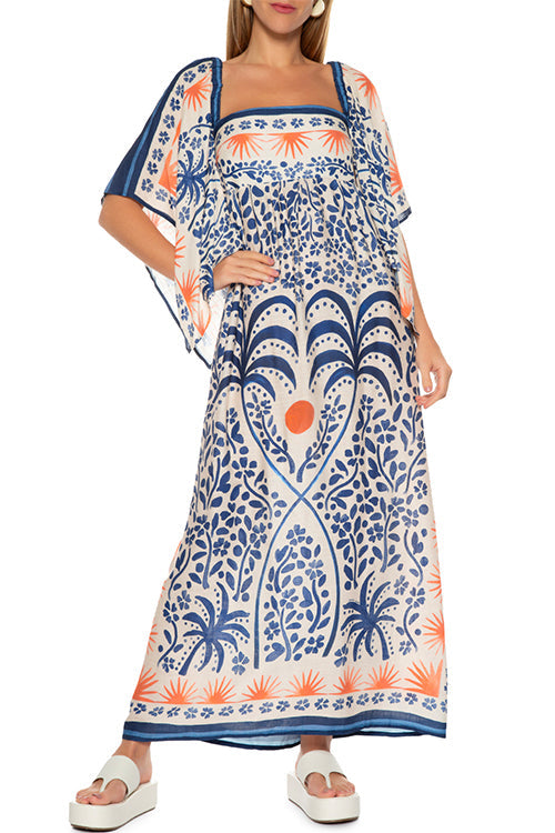 Margovil Square Collar Flutter Sleeves Printed Maxi Vacation Dress