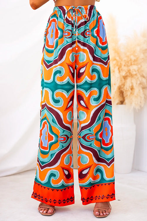 Drawstring Waist Wide Leg Color Block Print Pants