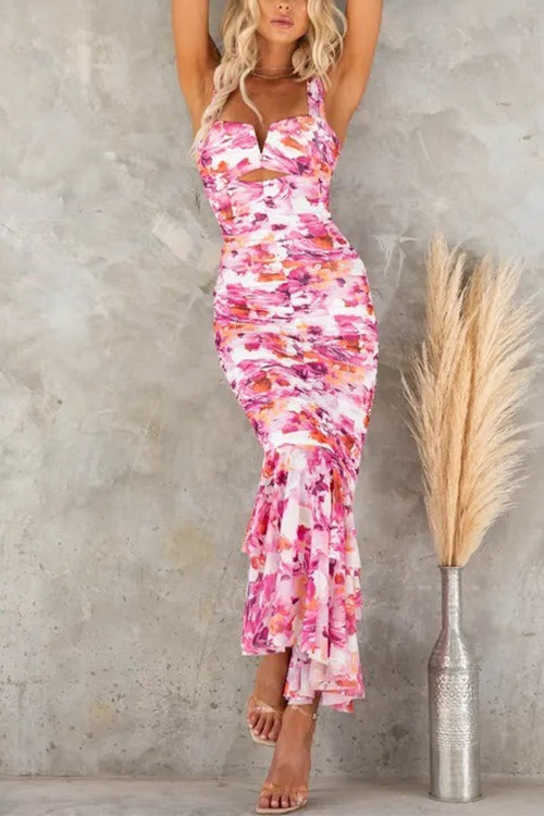 Margovil Cut Out Mesh Overlay Floral Print Ruffle Midi Cami Dress