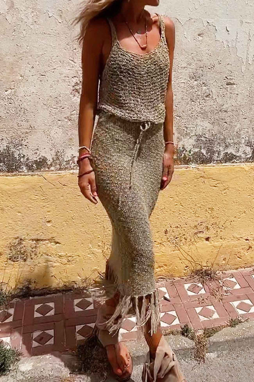 Cutout Cami Tassel Midi Skirt Set