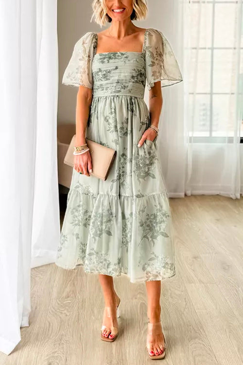 3 Colors Square Neck Short Sleeve Ruched Floral Midi Dress