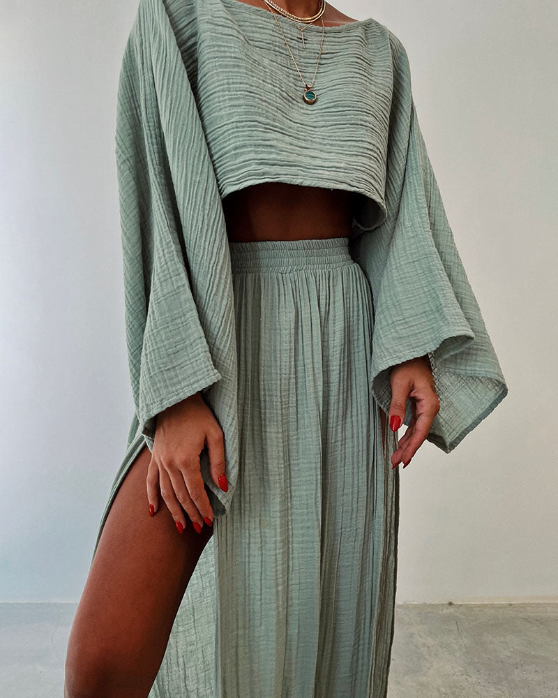 Chic slit cotton and linen casual two-piece set