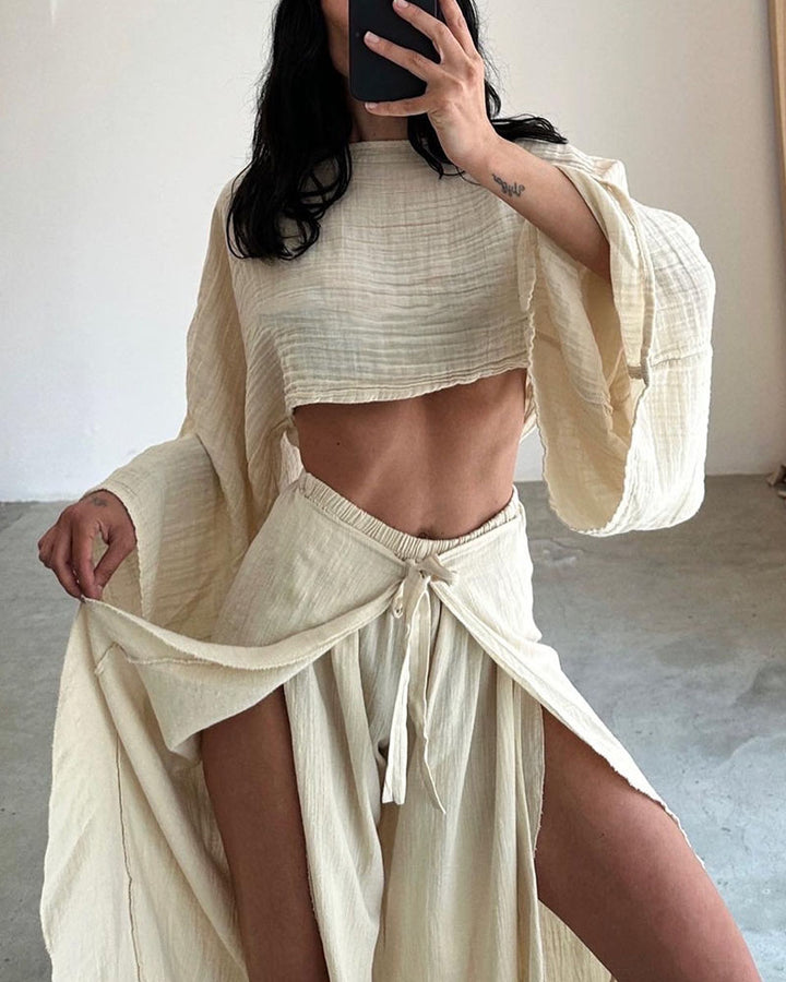 Casual slit tie cotton and linen two-piece set