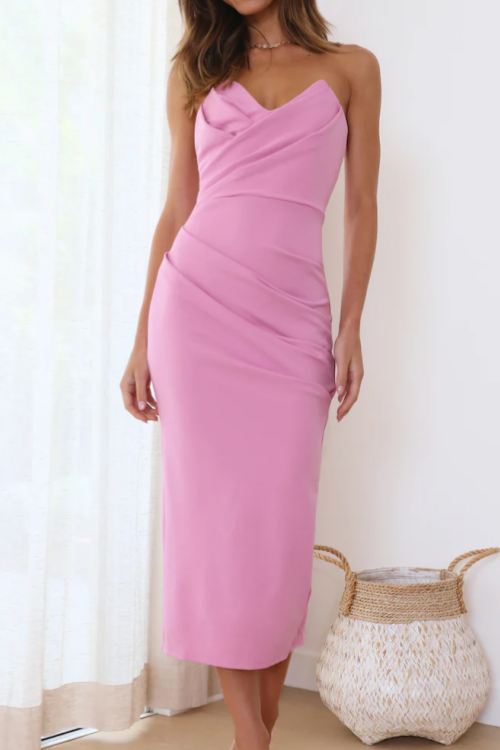 Strapless Tube Top Ruched Back Slit Midi Party Dress