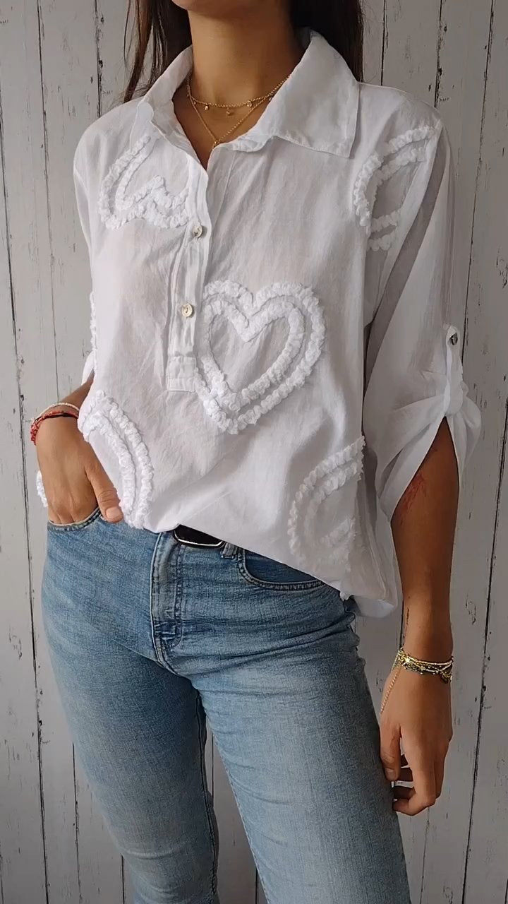Lapel Love Short-sleeved Cotton and Linen Shirt