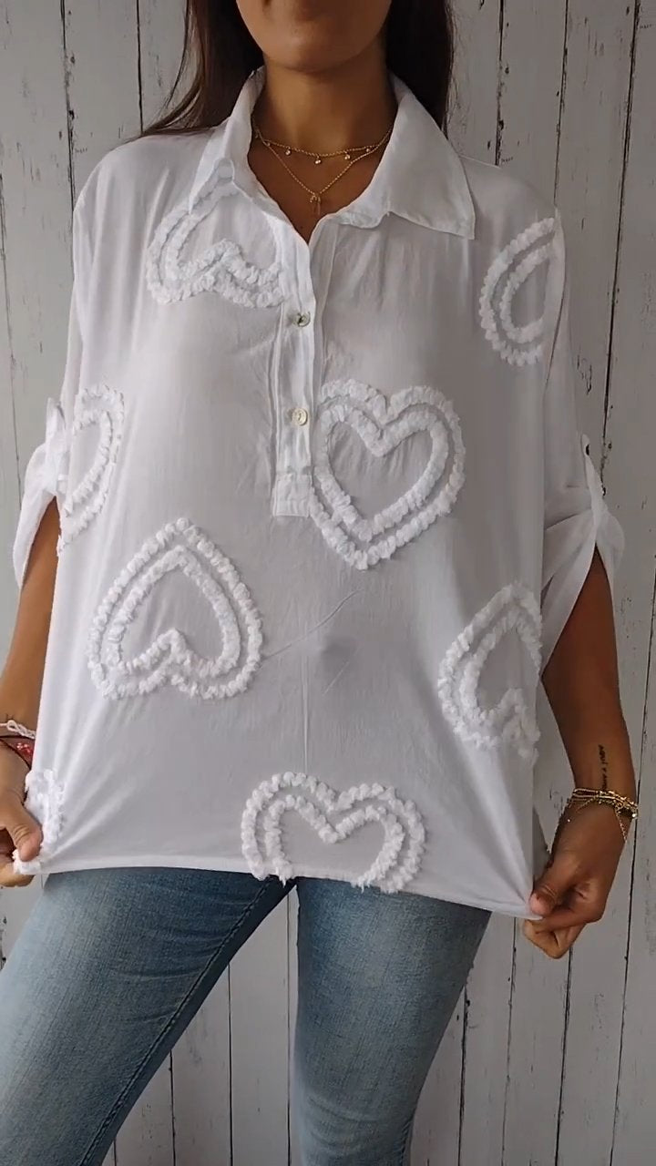 Lapel Love Short-sleeved Cotton and Linen Shirt