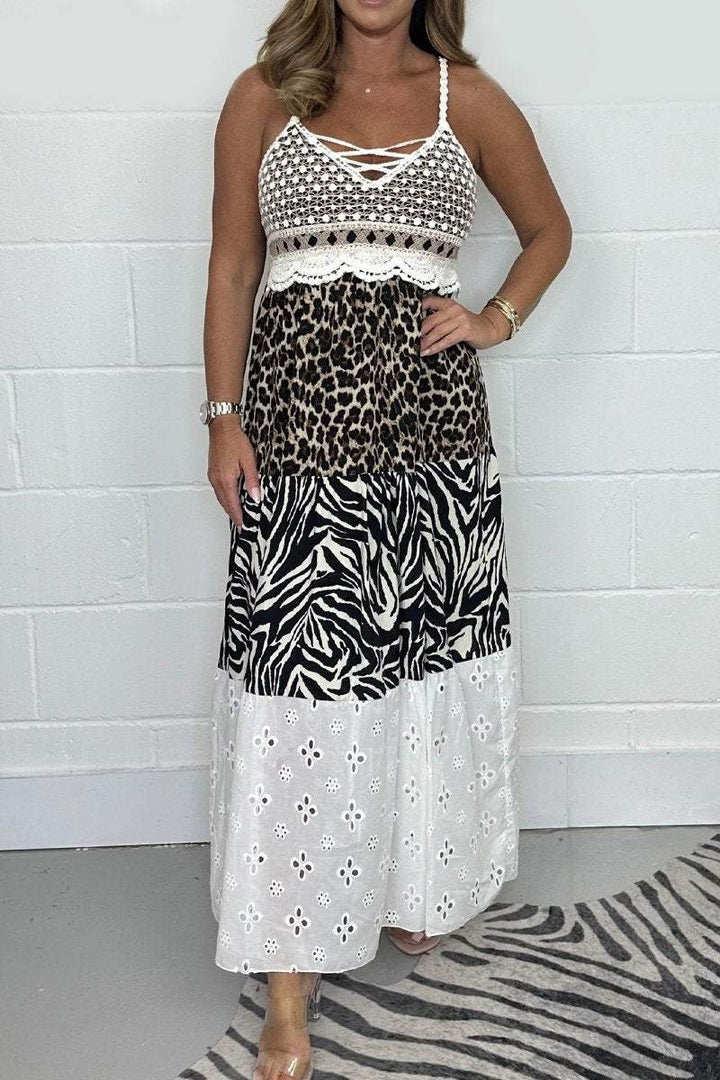 Women's Leopard Zebra Print Laser Cut Spaghetti Strap Maxi Dress