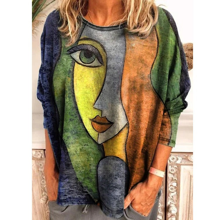 New large size face print long-sleeved loose T-shirt for women