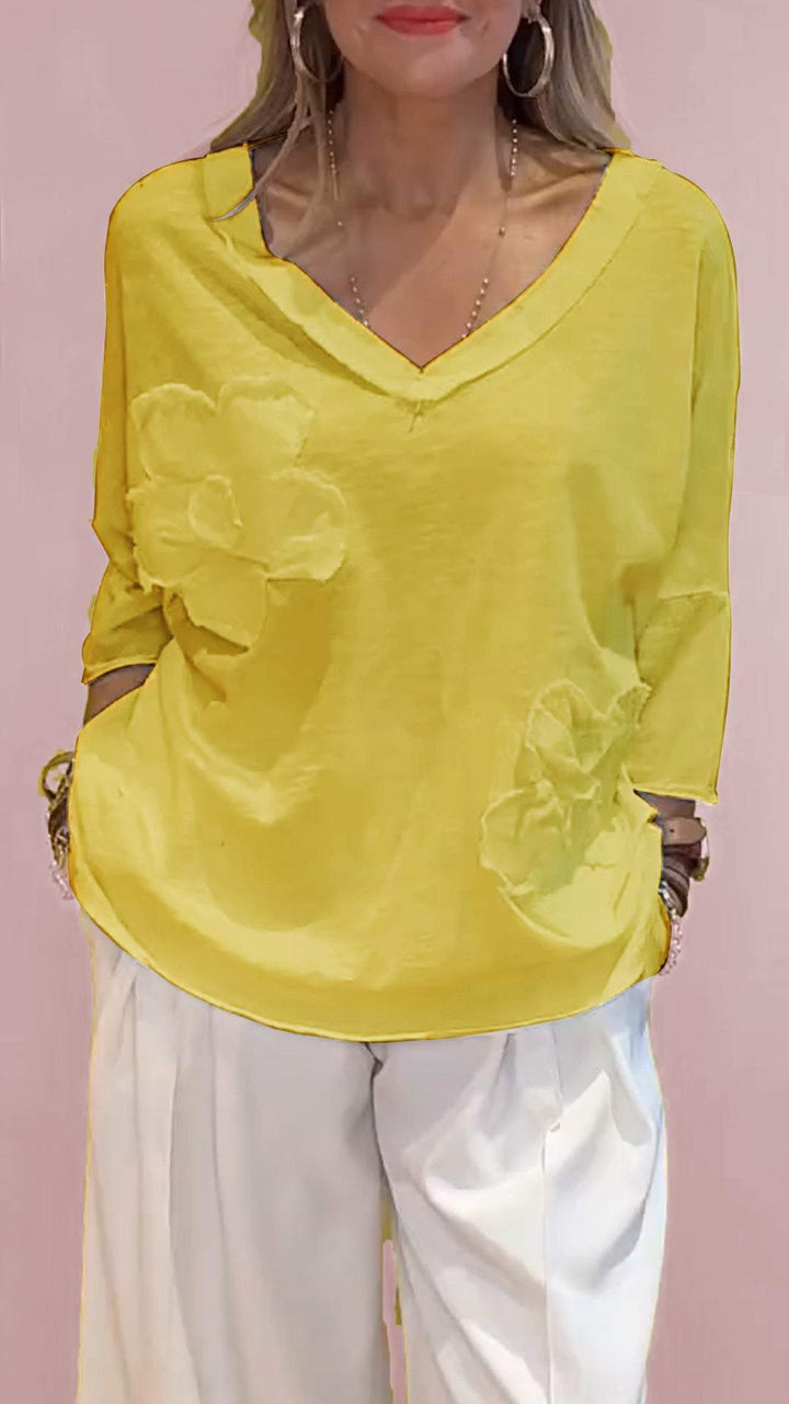Women V-neck Mid-sleeve Embroidered Casual Top