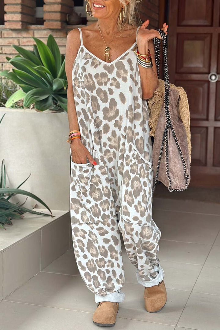 Women's casual suspender leopard print jumpsuit