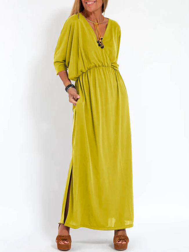 Women's Casual Solid Color V Neck Slit Dress