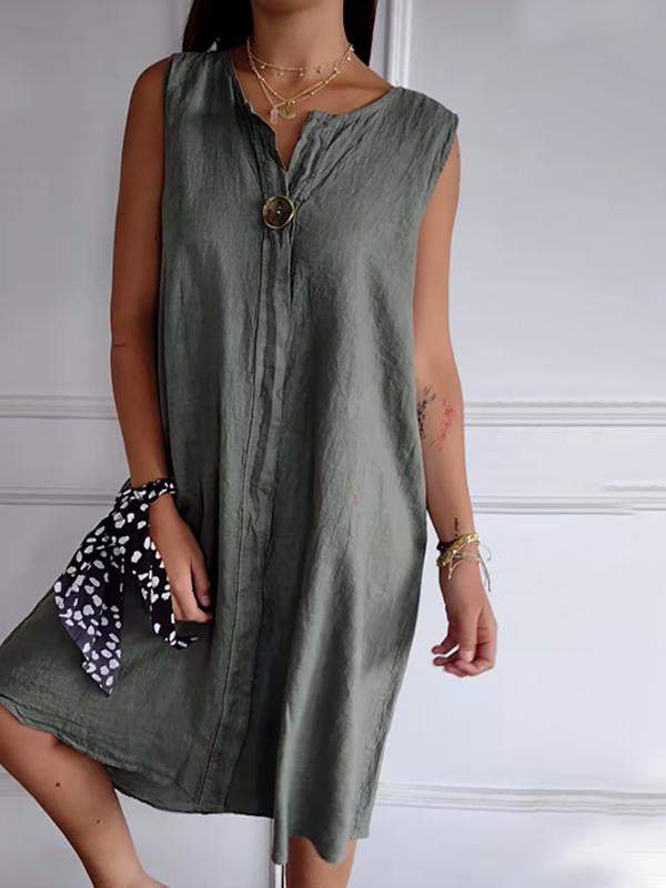 Women's Cotton and Linen Button Design V-neck Sleeveless Dress