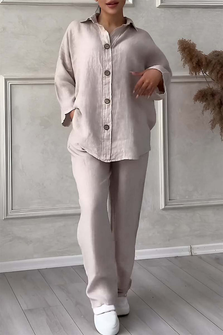 Casual single-breasted cotton and linen two-piece set