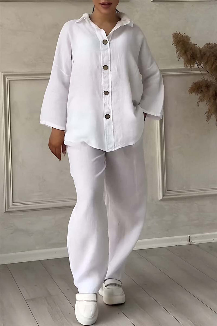 Casual single-breasted cotton and linen two-piece set