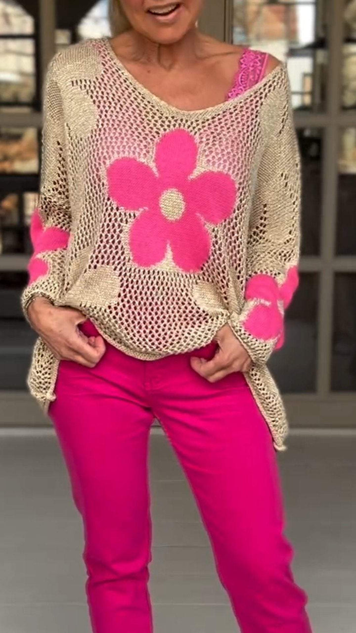 Floral Pattern Knitted Cutout V-neck Blouse