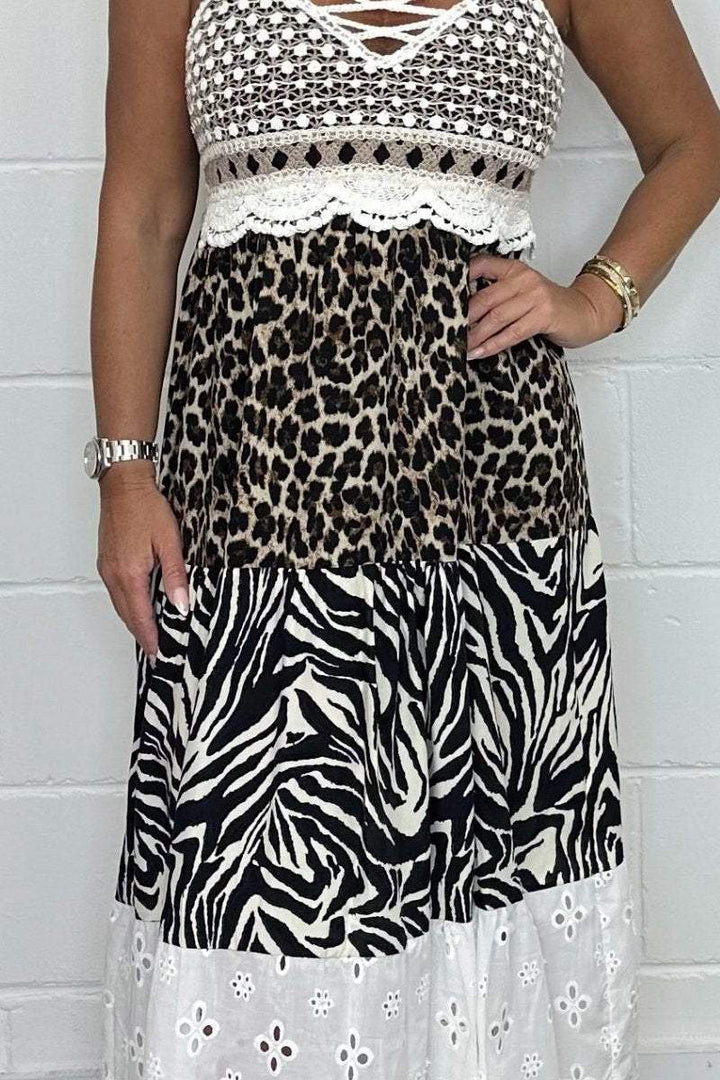 Women's Leopard Zebra Print Laser Cut Spaghetti Strap Maxi Dress