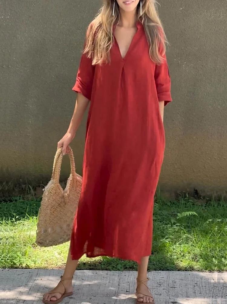 Women's V-neck Mid-sleeve Cotton and Linen Dress