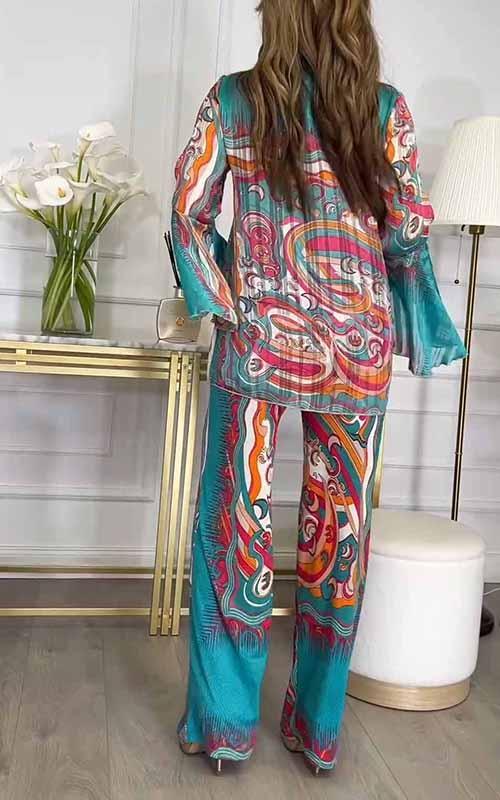 Women's V-neck Colorful Printed Two-piece Suit