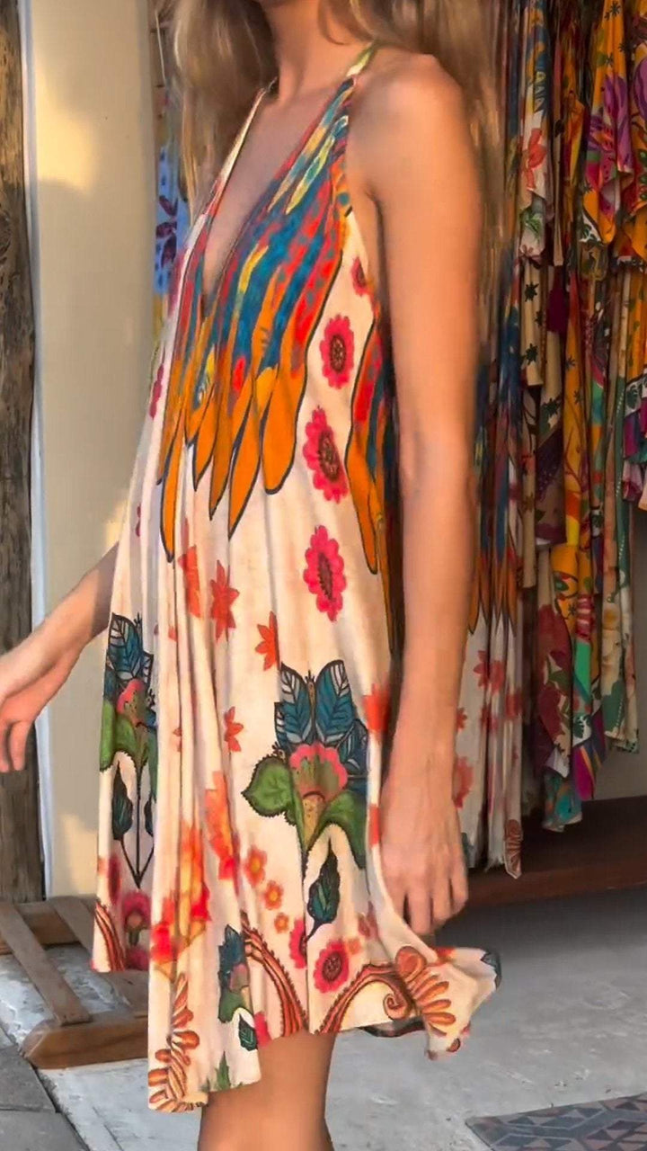 Resort Style Deep V-neck Backless Printed Dress