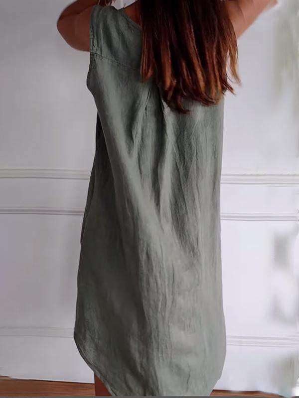 Women's Cotton and Linen Button Design V-neck Sleeveless Dress