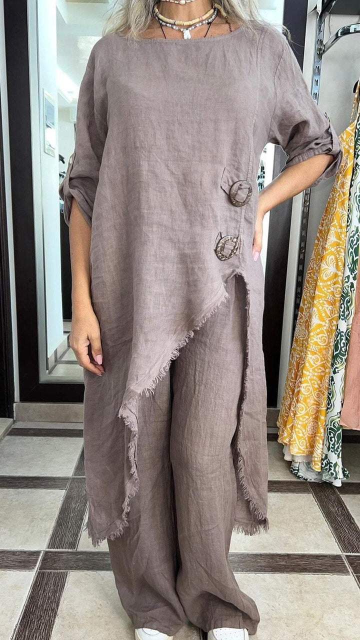 Women's Lapel Mid-length Sleeve Irregular Cotton and Linen Suit