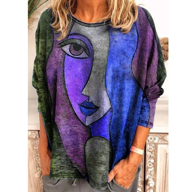 New large size face print long-sleeved loose T-shirt for women